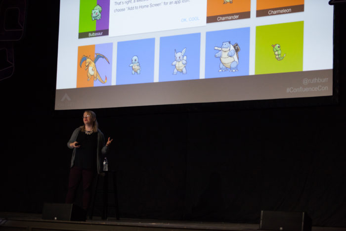 Ruth Burr Reedy Speaking at Confluence Conference with Pokemon on screen